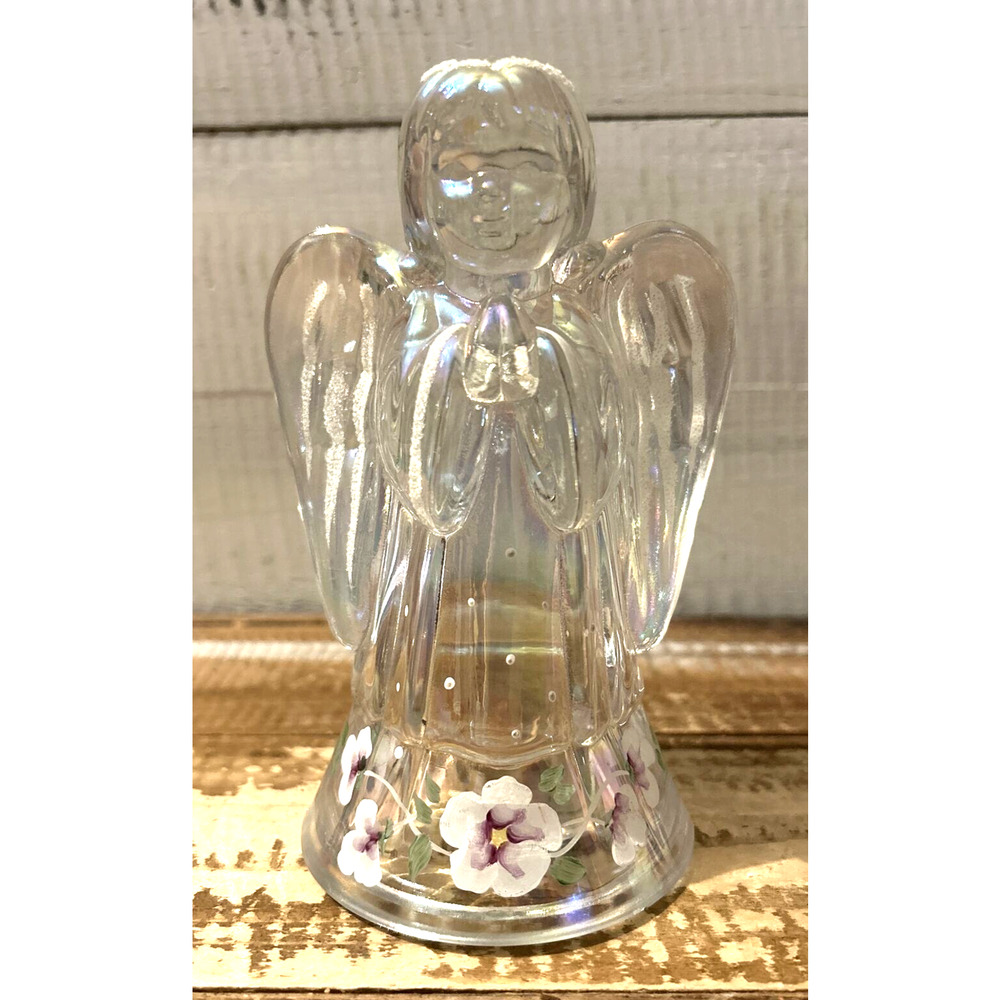 Vintage Fenton Clear Glass Angel Praying Hands Hand Painted Signed Florals